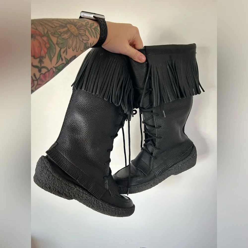 Made In Canada Black Leather Fringed Mukluks Fleece Lined Boots Lace-up 10 M - Picture 7 of 13
